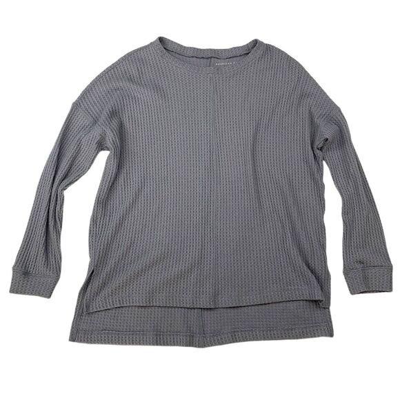 American Eagle Gray/Blue Waffle Knit Split Hem Blouse Dolman Sleeve L/S Sz XS - Picture 1 of 13